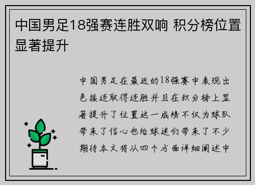 中国男足18强赛连胜双响 积分榜位置显著提升